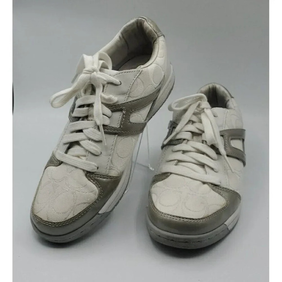 Coach Sneakers Women 7.5M Silver Nova Signature Lace Up Casual Shoes Canvas - Picture 1 of 16